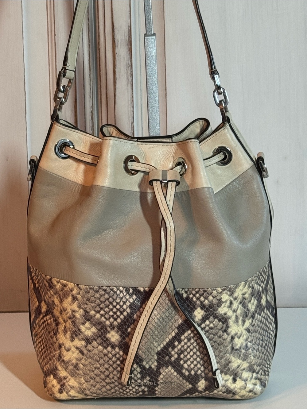 Michael Kors Dottie Large Snake  Leather Bucket Bag Natural/Snake